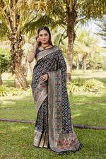 Load image into Gallery viewer, Black Pure Gharchola Bandej Silk Sarees With Price and Online Best Shopping Price Under 3000 . This Fabric Smooth and Very Expensive Silk Saree and Rajvadi Pattern and Patola Silk Saree . this Fabric Zari Weaving Work and Traditional Look 2024-25 . 

