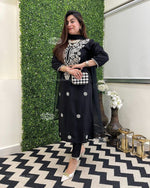 Load image into Gallery viewer, Black Rayon Kurti WIth Price and Online Shopping Price 2000 . This Fabric Rayon Kurti Embroidery Handwork  . Elevate your style with this beautifully designed Rayon Embroidered Kurti Set in Size S. Includes a stylish kurti, dupatta, and pant. Perfect for festive and casual occasions, with easy machine wash care...
