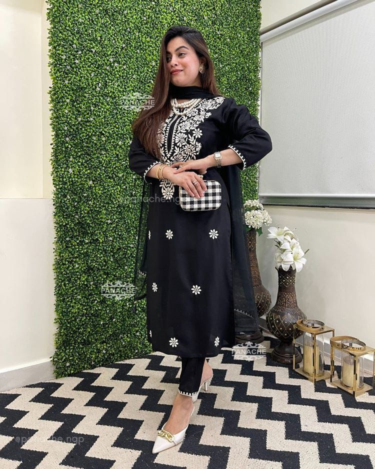 Black Rayon Kurti WIth Price and Online Shopping Price 2000 . This Fabric Rayon Kurti Embroidery Handwork  . Elevate your style with this beautifully designed Rayon Embroidered Kurti Set in Size S. Includes a stylish kurti, dupatta, and pant. Perfect for festive and casual occasions, with easy machine wash care...