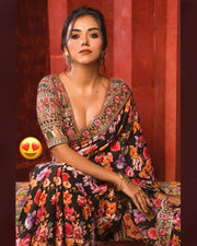 Black Soft Georgette Saree With Blouse Digital Printed Sarees With price and Best Online Shopping Price Under 2000 . This Fabric Soft Georgette Smooth and Heavy Embroidery and Digital Printed This Saree . 