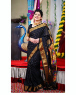 Load image into Gallery viewer, Pure Black Soft Lichi Silk Sarees With Price and Online shopping Price Under 2000 . This Fabric Soft Lichi Silk RIch Pallu wIth Zari Weaving Work .
