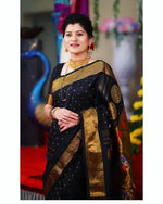 Load image into Gallery viewer, Black Soft Lichi Silk Black Jacquard Sarees With Price Under 2000 . This Saree Soft LIchi Silk Saree In Golden Border and Zari Weaving Work , Rich Pallu and Soft Silk Saree and Most unique Design and Dotted Gold Zari  Weaving Work .
