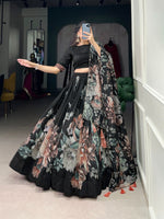 Load image into Gallery viewer, Black Tussar Silk Dhavani Set , Langa Voni and Half-Saree with Price and Online Shopping Price Under 2000 . This Fabric Most Unique  Design and Flower Design  Pattern For any Occasion like as Weddings , Engagement etc... . this Fabric Silk Smooth and Softness Fabric and Black Blouse for this Dhavani Set langa Voni , Half-Saree .  
