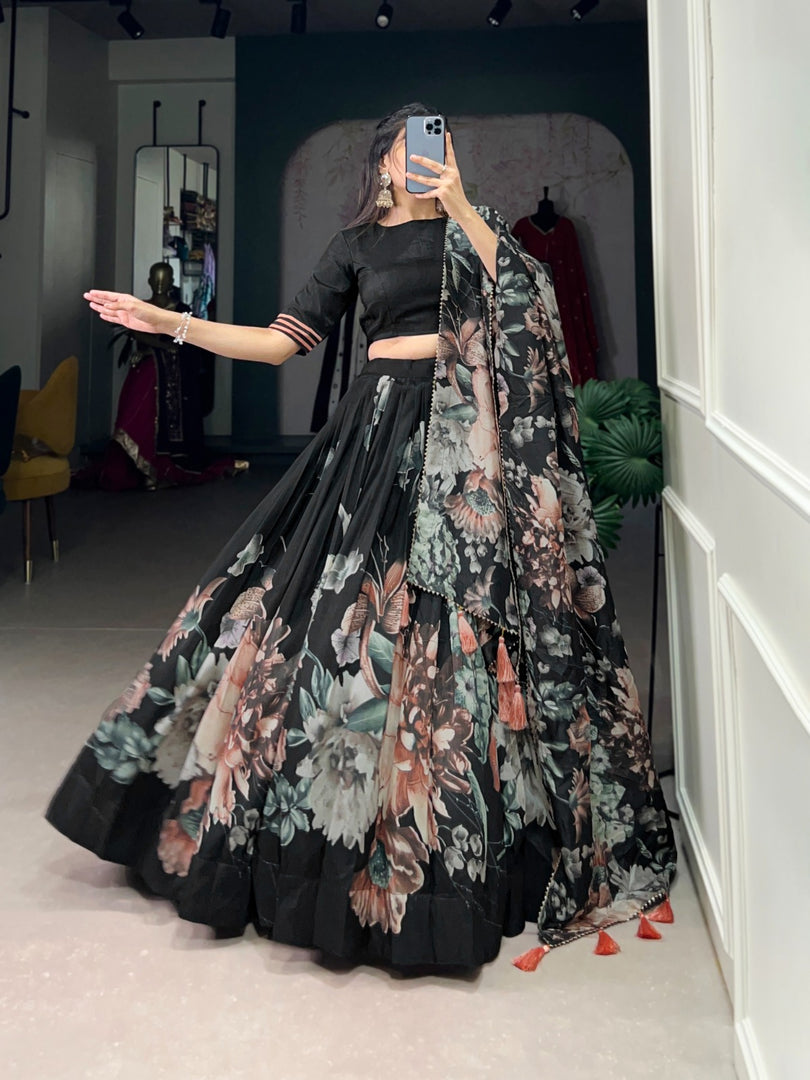 Black Tussar Silk Dhavani Set , Langa Voni and Half-Saree with Price and Online Shopping Price Under 2000 . This Fabric Most Unique  Design and Flower Design  Pattern For any Occasion like as Weddings , Engagement etc... . this Fabric Silk Smooth and Softness Fabric and Black Blouse for this Dhavani Set langa Voni , Half-Saree .  