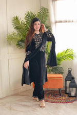 Load image into Gallery viewer, Black Velvet Kurti Black With Price and Online Shopping Best Price Under 1500 . Experience elegance with this Velvet Embroidered Kurti Set. Includes a kurti, dupatta, and pant, designed for comfort and style with easy machine wash care.
