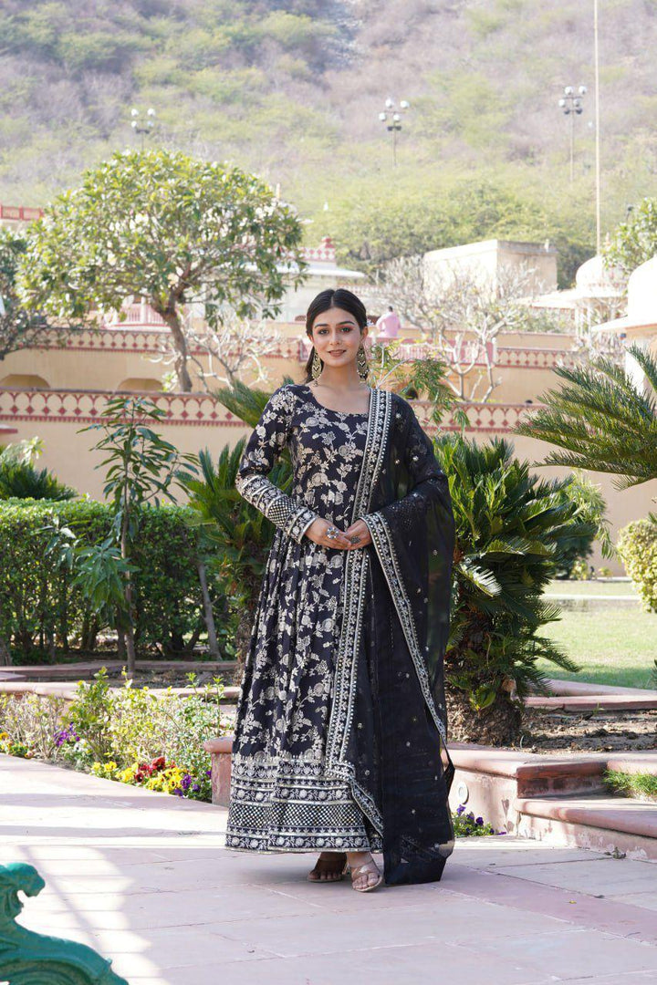 Black Viscose Dyable Jacquard Gowns With Price and Online Shopping Prices Under 2500 . Elevate your style with this embroidered Viscose Dyable Jacquard Gown. With a 3.5-meter flair, cotton lining, and a luxurious sequins dupatta, it's perfect for festive celebrations. Available in four stunning colors . 