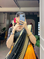 Load image into Gallery viewer, Yellow Color with Black Color Vichitra Silk Dhavani Set | Half-Saree | Davani , yellow Color lehenga fully Flair and Black Blouse with Zari Weaving Work , Embroidery blouse work - Shop Now at Shoppers Trend .
