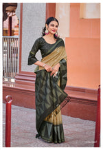 Load image into Gallery viewer, Black and Cream Color Saree Soft Kolkata Tussar Bech sarees with price and  online shopping price under 1500. this fabric very softness and smooth , this saree offers unmatched comfort and a luxurious feel, this saree most use Chennai, Coimbatore, Hyderabad , India . 
