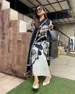 Load image into Gallery viewer, Black and White Maslin Cotton Silk Kurti With Price and Best Wedding Choise Price Under 1000 . Upgrade your wardrobe with this stylish Maslin Cotton Kurti Set. Featuring soft fabric, printed work, and a 48-inch length, it includes a kurti, dupatta, and pant for a complete elegant look . 
