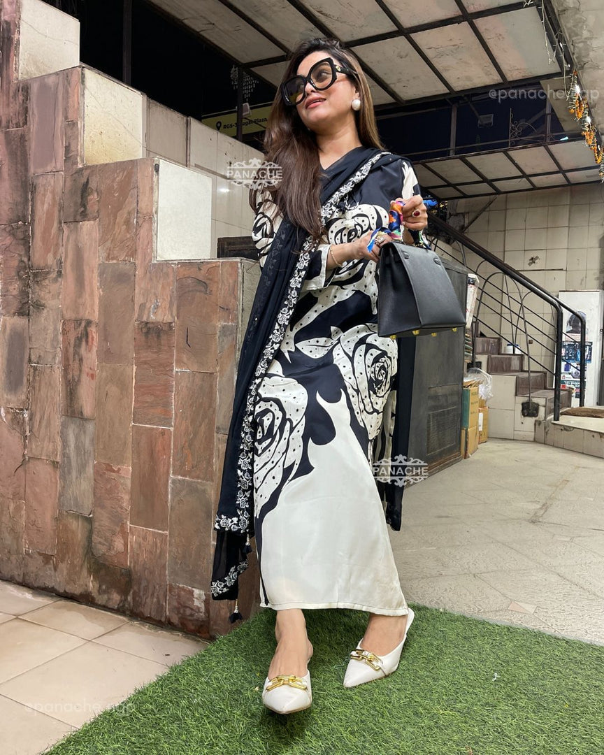 Black and White Maslin Cotton Silk Kurti With Price and Best Wedding Choise Price Under 1000 . Upgrade your wardrobe with this stylish Maslin Cotton Kurti Set. Featuring soft fabric, printed work, and a 48-inch length, it includes a kurti, dupatta, and pant for a complete elegant look . 