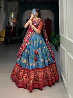 Load image into Gallery viewer, Blue and Red Color Tussar Silk Langa Voni , Davani Set , Half-Saree and Dhavani Sets With Price and Online Shopping Price Under 2000 . Make a statement with this Pichwai With Patola Print Lehenga crafted in Tussar Silk. Includes a flared lehenga, printed blouse, and a zari-bordered dupatta with tassels. Perfect for weddings and festive celebrations . Traditional Look 2024-25 . 
