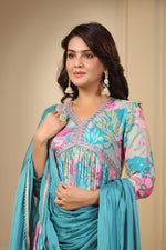 Load image into Gallery viewer, This Anarkali gown is made from cotton maslin with digital shine print and embroidery. It features a V-neck, full sleeves, and a length of 52-55 inches. The set includes one gown and a dupatta, and it is machine washable for easy care.
