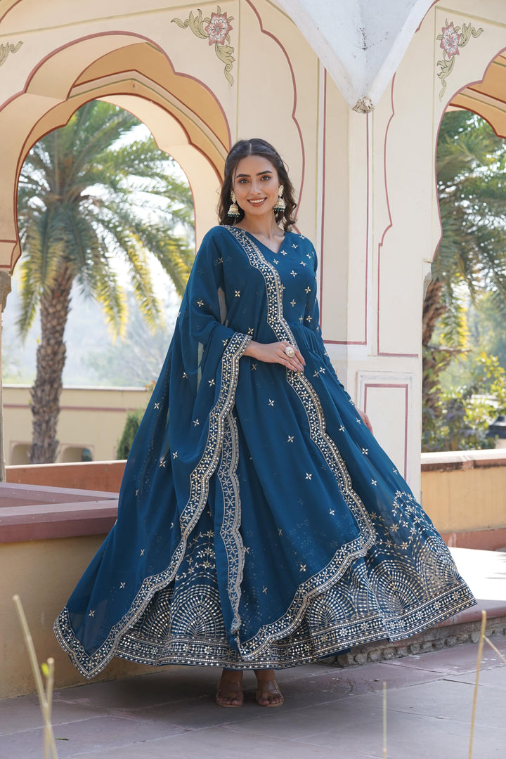 Blue Color Faux Georgette Anarkali With Price and Online Shopping Price Under 2500 . This Fabric Blue Faux Georgette Anarkali Best Wear Weddings Collection and Party Wear Collection Price . This Fabric Bottom Side Heavy Zari and Embroidery Work and Full Sleeves This Dupatta Same Fabric , Traditional Lok For 2024-25 , 2025-26 . 