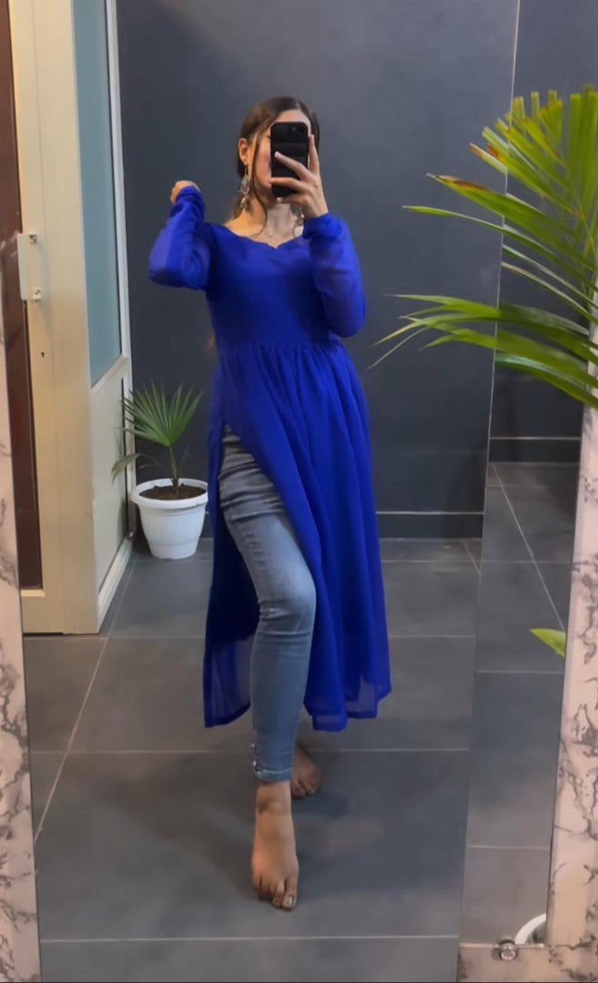 Blue color Georgette Kurti features a round neck and full sleeves, with a plain design and 48-inch length. It is machine washable and comes as a single piece - Shop Now at Shoppers Trend .