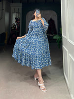 Load image into Gallery viewer, Upgrade Your Wardrobe With This Beautifully Designed Georgette Printed Frock, Crafted For Elegance And Comfort. With Its Flowy 6-Meter Flair, Soft Micro Cotton Lining, And Stylish Full Sleeves, This Frock Is Perfect For Festive Celebrations, Casual Outings, And Special Events.
