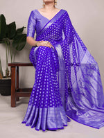Load image into Gallery viewer, Blue nylon georgette saree , Designer blue saree online , Blue saree with viscose border , Elegant navy blue saree , Sky blue wedding saree , Traditional blue silk-look saree , Blue georgette saree with zari , Latest blue party wear saree , Blue saree with golden zari work , Blue saree for festivals , Lightweight blue georgette saree , Pure blue saree collection , Trending blue sarees online , Occasion wear blue saree , Classic blue ethnic saree . 
