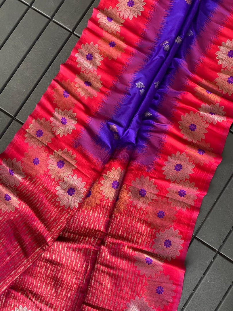 Royal Elegant Blue Premium Crafted Silk Saree with Zari Weaving, 6.3m length. Includes matching blouse piece. Machine washable. Made from high-quality silk fabric with expert craftsmanship.
