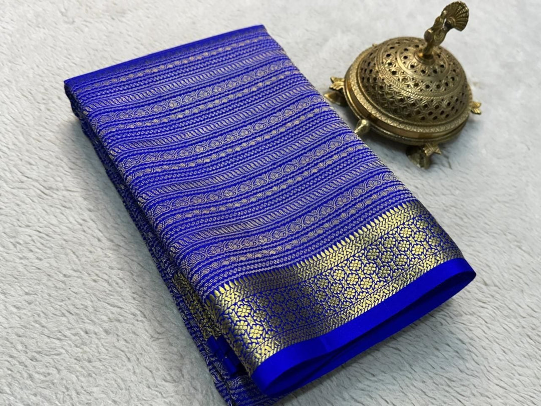 Brocade Blue Pure Mysore Silk Sarees Price and Online Shopping Price 1499 . This Saree Royal Blue Mysore Silk Saree , Elegant Navy Blue Zari Weaving Saree , Sky Blue Pure Silk Saree for Women , Traditional Mysore Silk Saree in Blue , Deep Blue Festive Wear Silk Saree . 