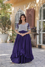 Load image into Gallery viewer, Blue Embroidered Kurti Lehenga Set
, Blue Star Georgette Kurti with Lehenga , Blue Color Lehenga Kurti for Wedding , Sequins Work Blue Kurti Lehenga , Blue Kurti with Half Sleeves &amp; Lehenga , Party Wear Blue Kurti Lehenga Online , Blue Lehenga with Canvas Stitching , 
Stylish Blue Kurti with Pan Neck ,
Full Flair Blue Kurti for Girls , Royal Blue Kurti Lehenga with Latkan .
