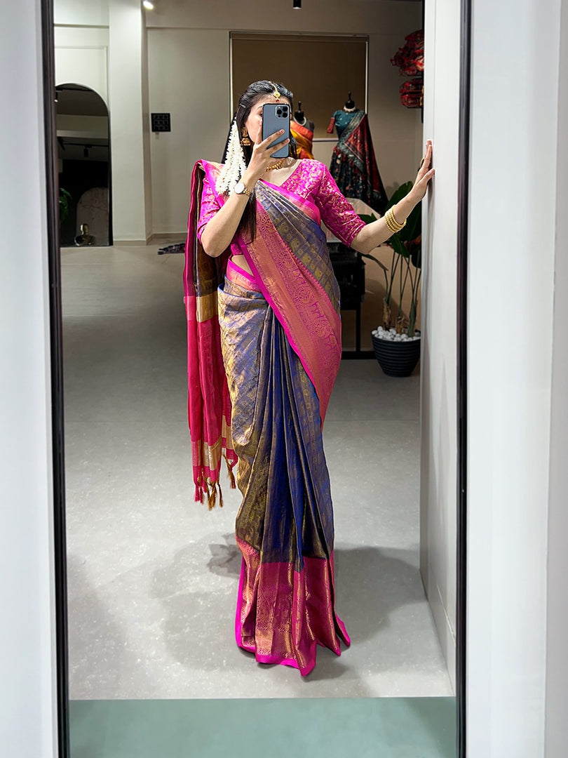 Blue Color and Rani Blouse  Kanjivaram Sarees With Price and Online Shopping Price Under 1500, this Saree Crafted Most Authentic and Most Beautiful Saree and Best Product .This Fabric Kanjivaram Saree under 1500. This Saree Blue Color Kanjivaram Saree For Weddings Best Wear Collection 2025-26 . 