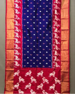 Load image into Gallery viewer, Blue and Red Color Semi Tussar Silk Sarees with price and online shopping price under 1000 . this Fabric Semi Tussar Silk saree most famous silk and best product and mainly manufacturing in Jharkhand .
