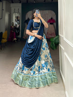 Load image into Gallery viewer, Blue Dola Silk Dhavani Set | Langa Davani Set and Half-Saree With Price and Online Shopping Price Under 2000 . this Fabric So Elegant Design and Most Unique White Lehenga Blue Flower Design unique   . This fabric Dupatta  Vichitra Silk
and This Crafted Work Plain With Lace Touch Up but Blouse same Fabric. This Model  Look 2024-25 . 
