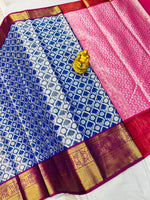 Load image into Gallery viewer, Kanchipuram Handloom Tissue Weaving Silk With Price and Rajavadi Pattern WIth Rani Blouse  Fully Blue and White Color . This Fabric Smooth and  Heavy Fabric Of Under 1999
