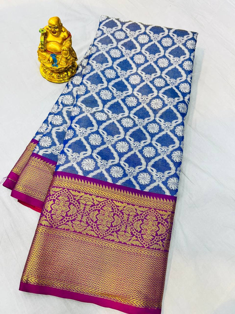 Kanchipuram Handloom Tissue Weaving Silk With Price and Rajavadi Pattern Fully Blue and White Color . This Fabric Smooth and  Heavy Fabric Of Under 1999