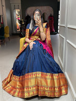 Load image into Gallery viewer, Blue Narayan Pet Dhavani Set , Davani , Langa Voni Dhavani Set With Price and Online Shopping Price under 2000 . this Fabric Most Famous and Rich Fabric . This Dupatta Narayan Pet Fabric Zari Weaving Work also comes with tassels , This Fabric Weddings  Dhavani Set and RIch Border With Zari Weaving Work , Traditional Look For 2024-25 , 2025-26 . 
