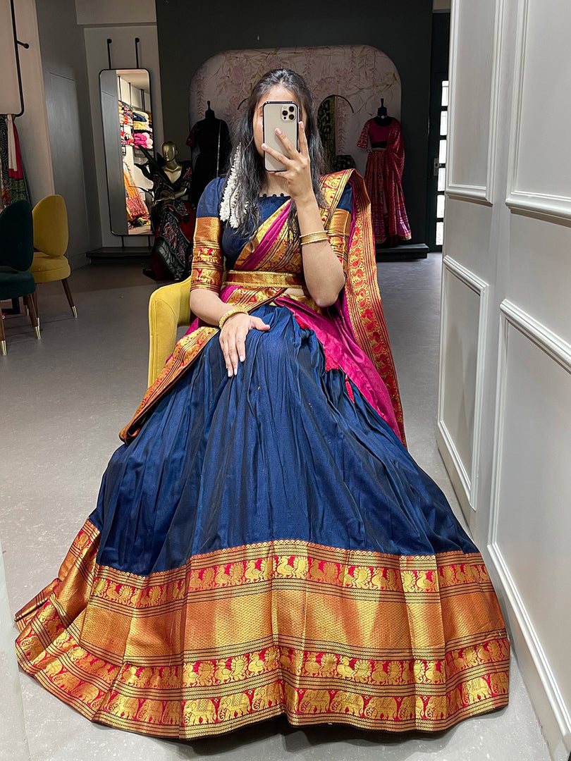 Blue Narayan Pet Dhavani Set , Davani , Langa Voni Dhavani Set With Price and Online Shopping Price under 2000 . this Fabric Most Famous and Rich Fabric . This Dupatta Narayan Pet Fabric Zari Weaving Work also comes with tassels , This Fabric Weddings  Dhavani Set and RIch Border With Zari Weaving Work , Traditional Look For 2024-25 , 2025-26 . 