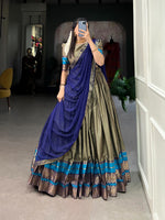 Load image into Gallery viewer, Discover the ethereal beauty of Blue Poly Cotton Fabric Dhavani Set  and Langa Voni . Feather-light, soft-textured, and exquisitely detailed, this fabric is perfect for modern weddings and festive wear . This Fabric Smooth Poly Cotton RIch Border and Zari Weaving Work .Traditional Look For 2024-25 . 
