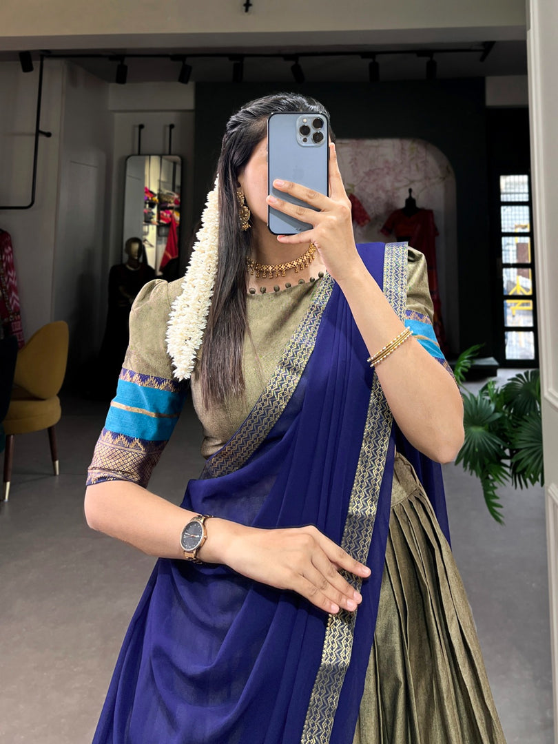 Blue Color With Brown Color Lehenga Choli Poly Cotton Dhavani Set | Langa Voni | Half-Saree | Davani Set | Shoppers Trend - Price Under 1999!!!