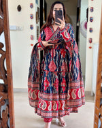 Load image into Gallery viewer, Blue Pure Cotton Anarkali With Price and Online Shopping Price Under 2000 . Blue Pure Cotton Anarkali Designer pure cotton straight suit with block prints and detailed hand embroidery. Includes a full-length Mulmul dupatta and straight pants for a complete 3-piece set . Traditional Print 2025-26 . 
