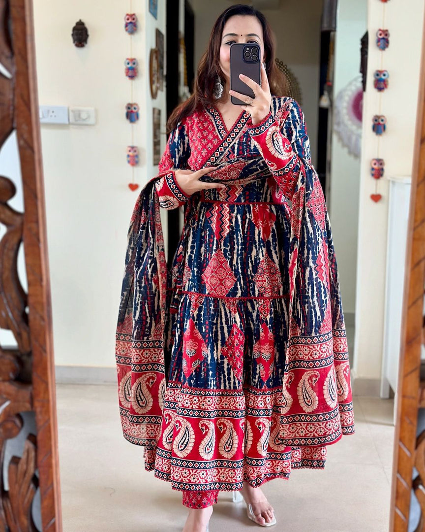 Blue Pure Cotton Anarkali With Price and Online Shopping Price Under 2000 . Blue Pure Cotton Anarkali Designer pure cotton straight suit with block prints and detailed hand embroidery. Includes a full-length Mulmul dupatta and straight pants for a complete 3-piece set . Traditional Print 2025-26 . 