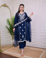 Load image into Gallery viewer, Blue Pure Rayon Kurti WIth Price and Best For Wedding  Price Under 1500 . this Fabric Blue Pure Rayon Kurti Embroidery Work and This Fabric Dupatta and Pent Border With Embroidery Working . this Blue  Pure Rayon Kurti v Necks Pure Royal Blue Kurti . Traditional Look 2024-25 .
