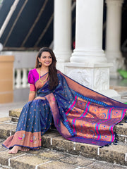 Navy Blue Soft Paithani Silk By  Rich Pallu With Pink Blouse from shoppers trend - Just Rs. 1999 ! Shop now at shoppers trend This Fabric Most Popular & Famous Silk In Maharashtra .