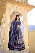 Load image into Gallery viewer, BLue Tussar Silk Dhavani Set, Langa Voni , Half-Saree and Langa Voni With Price and Online Shopping Price Under 2000 . This Fabric Soft and Premium Fabric . This Green Tussar Silk Lehenga Rajavadi Pattern With Ikkat Print With Foil Work This Lehenga Working Traditional Look For 2024-25 . This Lehenga Price Under 2000 .  
