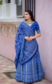 Blue Vaishali Silk Half-Saree , Dhavani Set , Langa Davani Set With Price and Online Shopping Price 3000 . Experience premium craftsmanship with this semi-stitched lehenga, featuring intricate Gota Patti and tassels work, a micro cotton inner, and a Maslin silk dupatta . this Fabric Blue Vaishali Silk Dhavani Set Best For Weddings Wear Collection and Traditional Look For 2024-25 , 2025-26 . 