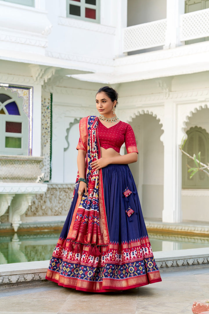 Blue Tussar Silk Dhavani Set, Langa Voni , Davani and Half-Sarees With Price and Online Best Shopping Price Under 2000 .  This fabric So Heavy Premium and rich Fabric and Rich Border Patola Printed this Fabric and Blouse foil Printed and Dupatta Patola Print with Gotta Patti Lace Border also comes with tassels . Traditional look 2024-25 . 
