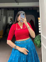 Load image into Gallery viewer, Blue Color Lehenga With Red Blouse Stitched Dhavani Set , Langa  Voni , Davani Set and Half-Saree Price and Online Shopping Price Under 2000 . this Fabric Blue Lehenga With Red Blouse For Wedding Best Wear Collection , This Lehenga Fabric Dola Silk , Work Kalamkari Print With Zari Weaving Broder Fair 3.50 Meter and Blouse Fabric Banglory and Work Plain With Lace Border , Traditional Look For 2025-26 . 
