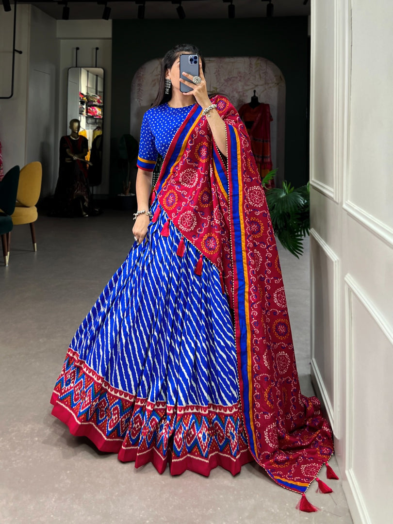 Beautiful Crafted Blue Tussar Silk Dhavani Set with Price and Online Shopping Best Price Under 2000 . This Fabric Tussar Silk Soft and Lehnga Crafted Border Rich Design and Dupatta Red Combination Design Most Authentic Langa Voni , Davani Set .