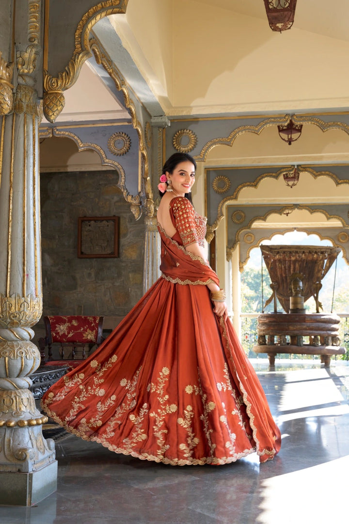 Fully stitched brown lehenga choli with blouse and dupatta , Silk brown lehenga for women , Brown traditional lehenga with canvas stitch , Festive brown lehenga set for girls , Classy brown lehenga for special occasions , Heavy embroidered brown lehenga set .