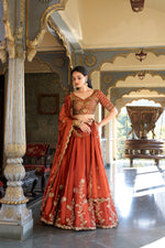 Load image into Gallery viewer, Brown lehenga choli with embroidery , Rangoli silk brown lehenga for functions , Designer brown lehenga with thread work , Stylish brown lehenga for weddings , Partywear brown lehenga choli set , Elegant brown lehenga with dupatta , Brown embroidered Lehenga with lace blouse , Brown lehenga with sequins embroidery , Wedding special brown color lehenga...
