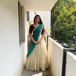 Load image into Gallery viewer, Bridal wine lehenga choli for festivals , Wine lehenga with cutwork voni border , South Indian wine lehenga with golden zari , Wine color tissue silk with embroidered butti , Classic wine lehenga choli with voni , Readymade wine half saree with glass tissue blouse .
