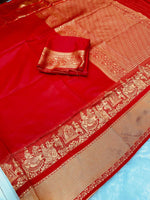 Load image into Gallery viewer, Traditional red soft lichi silk saree with rich jacquard work , Wedding special red silk saree for brides and bridesmaids , Elegant red lichi silk saree with zari jacquard weaving , 
Red silk saree for puja, parties, and festive occasions , Pure red silk jacquard saree with classic finish .

