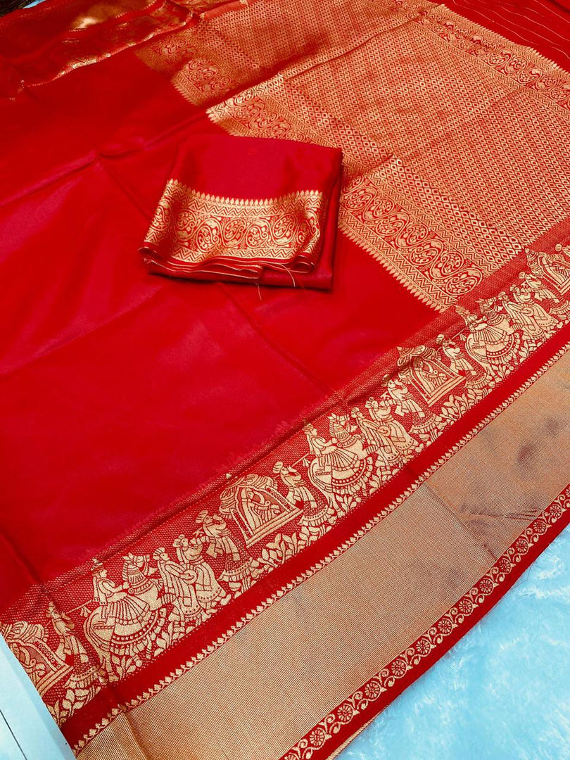 Traditional red soft lichi silk saree with rich jacquard work , Wedding special red silk saree for brides and bridesmaids , Elegant red lichi silk saree with zari jacquard weaving , 
Red silk saree for puja, parties, and festive occasions , Pure red silk jacquard saree with classic finish .