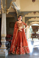 Load image into Gallery viewer, Bridal red lehenga with sequins embroidery lehenga , Rangoli silk bridal lehenga red color and Brown color , Red lehenga choli for wedding functions , Heavy bridal red lehenga , Dupatta and Blouse embroidery with sequins Thread work for bride , Designer red bridal lehenga , Traditional red lehenga with thread work .
