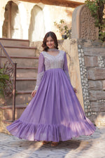 Load image into Gallery viewer, Purple Embroidered Gown , Designer Purple Party Wear Gown Price Under 1999 , Wedding Wear Purple Gown with Dupatta  , Elegant Purple Star Georgette Gown . 

