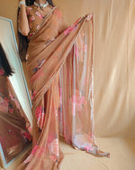 Load image into Gallery viewer, Regular Brown Premium georgette saree with zari weaving. 6.3m length. Includes matching blouse. Machine washable. Model wears size S.
