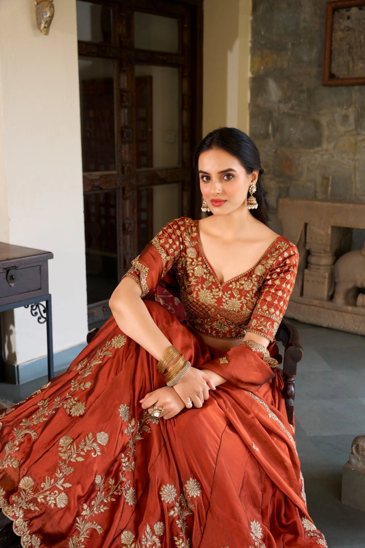 Bridal Brown Color Rangoli Silk Fabric Lehenga , Blouse Heavy Sequins and Thread Embroidery Work with Dupatta Embroidery Work , This Lehenga Set Weddings Wear Special Dhavani Set , Langa Voni .